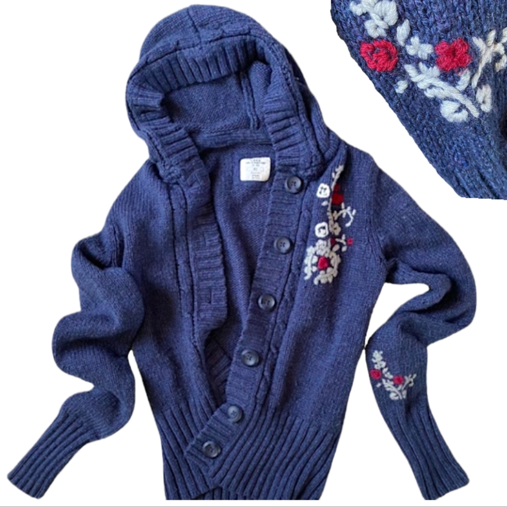 H&M Hooded Knit Cardigan w/ Embroidered Flowers, Cropped Sweater Hoodie LOGG, S